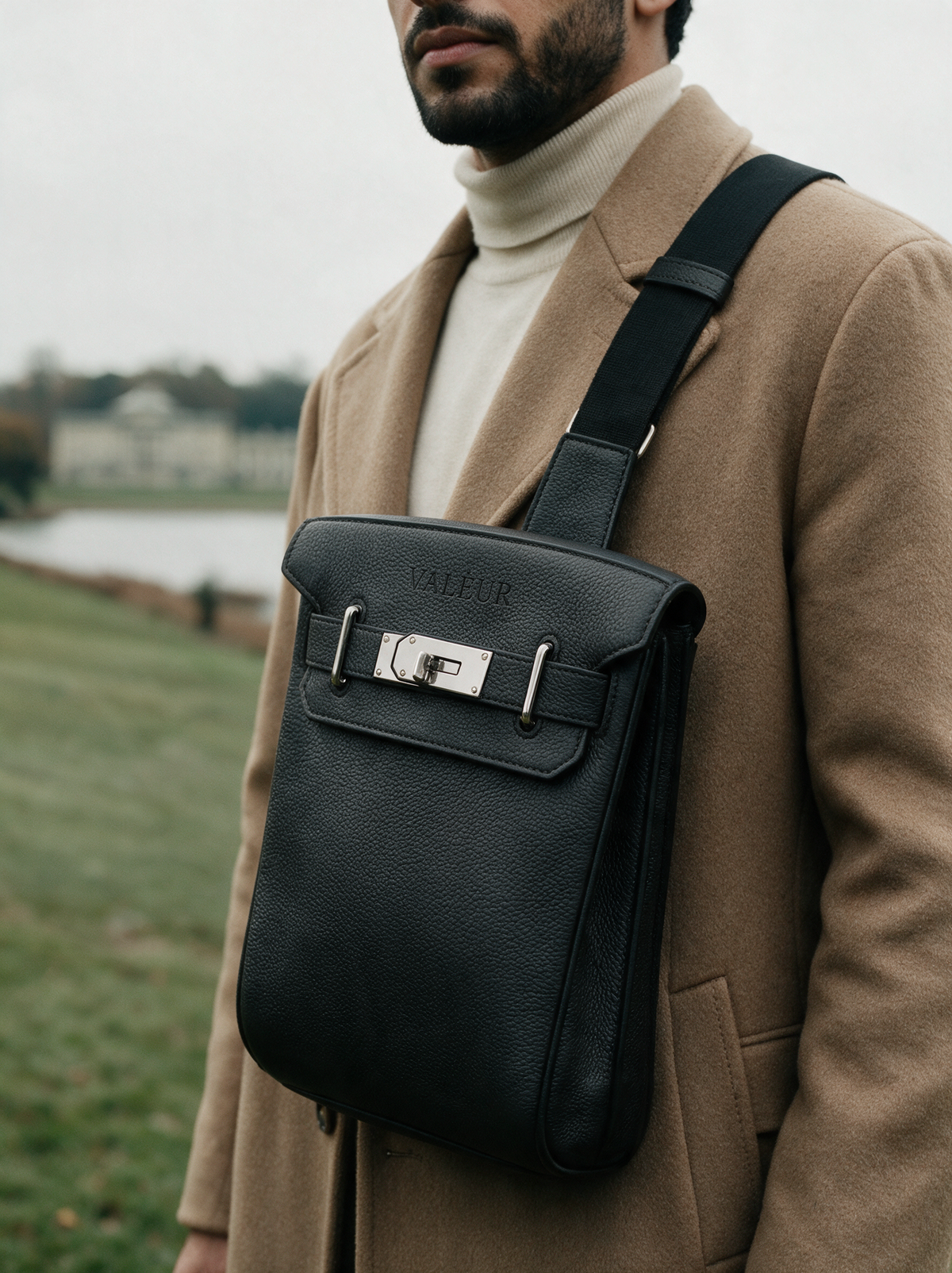 The Sling in Noir, worn over a camel coat